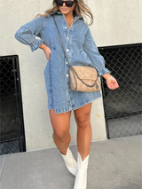 Denim Midi-Kleid für Frauen mit schickem Umlegekragen - Zorelyae – Blau