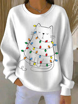 Saar - Weihnachtsstrickpullover mit Katzenmotiv – Weiß