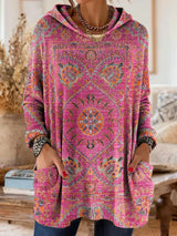 Vintage-inspirierte Kapuzenstrick-Tunika mit Taschen und ethnischem Druck – Pink