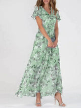 Junmie – Elegantes Chiffon-Maxikleid mit Blumenmuster – Grün