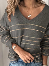StripeStyle - gestreiftes muster v-ausschnitt pullover – Grau