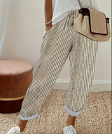 Nathalie | Damen Gestreifte Weite Hose – Khaki
