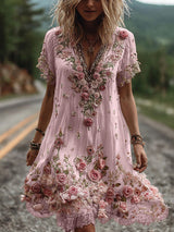 Ruby – Blossom bestickte V-Ausschnitt Kleid – Rosa