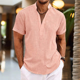 Mateo - Hemd mit Mandarinkragen und leichter Textur und Stil – Rosa