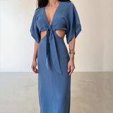 Noelia - Maxi-Strandkleid mit Frontalknoten – Blau