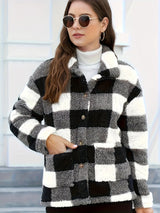 Damen Kuscheljacke Kariert | Knopfverschluss mit Kragen – Schwarz