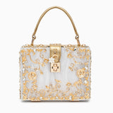 Luxus-Acryl Clutch in Himmelblau mit barockem Golddekor – Vintage-inspirierte Abendtasche – Weiß