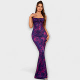 Thalia - Floral Print Prom Dress mit gebundenen Schulterträgern – Dunkelpurpur