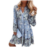 Adelheid | Damen Blumenmuster V-Ausschnitt Langarm Midi Kleid – Blau
