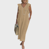 Adelina | Damen Ärmellos V-Ausschnitt Maxi Kleid – Khaki