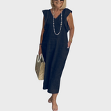 Adelina | Damen Ärmellos V-Ausschnitt Maxi Kleid – Dunkelblau