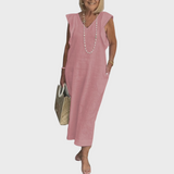 Adelina | Damen Ärmellos V-Ausschnitt Maxi Kleid – Rosa