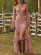 Adelina | Damen V-Ausschnitt Langarm Maxikleid mit Fransen – Rosa