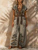 Zalira - Bestickter weit geschnittener Jumpsuit – Sand