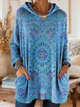 Vintage-inspirierte Kapuzenstrick-Tunika mit Taschen und ethnischem Druck – Hellblau