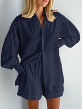 Leichter Zweiteiler aus Baumwollmix – Oversize Bluse & Shorts für Damen – Blau
