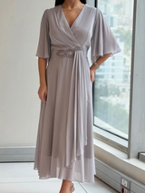 Bhagya - Elegantes langes Chiffon Kleid Mit V-Ausschnitt – Grau