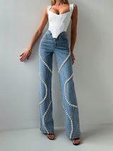 Ana | Weite, gerade geschnittene Damenjeans mit Strasssteinbesatz – Blau