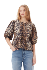 Damenbluse mit Puffärmeln – Leopardenmuster – V-Ausschnitt – Lockerer Schnitt – Leopard Farbe