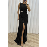 Olive | Plissee Maxi Hochzeitsgastkleid – Schwarz