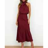 Alina | Damen Halter Abendkleid Midi – Burgund