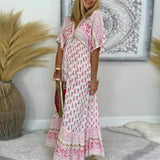 Allegra | Damen Boho Maxikleid Kurze Ärmel – Rosa