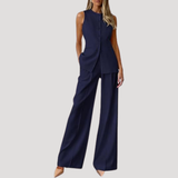 Alwine | Damen Hosenanzug Ärmellos Weite Hose Zweiteiler – Marineblau