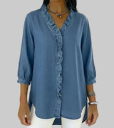 Amalia | Damen Rüschen V-Ausschnitt Bluse – Blau