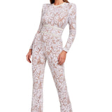 Damen-Jumpsuit mit tailliertem Schnitt und Spitzen-Details – weites Bein – Weiß