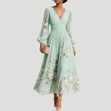 Amelie | Damen Blumenkleid Langarm Midi Kleid – Hellgrün