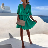 Ameline | Damen Wickelkleid Midi mit kurzen Ärmeln – Dunkelgrün