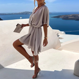 Ameline | Damen Wickelkleid Midi mit kurzen Ärmeln – Grau