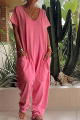 Amira | Damen V Ausschnitt Kurze Ärmel Jumpsuit – Rosa