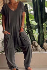 Amira | Damen V Ausschnitt Kurze Ärmel Jumpsuit – Grau