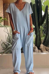 Amira | Damen V Ausschnitt Kurze Ärmel Jumpsuit – Blau
