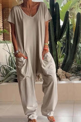 Amira | Damen V Ausschnitt Kurze Ärmel Jumpsuit – Beige