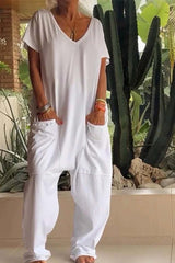 Amira | Damen V Ausschnitt Kurze Ärmel Jumpsuit – Weiß