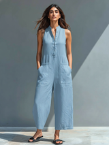Anastasia | Damen Ärmellos Jumpsuit mit Knopfleiste – Blau