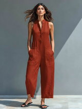 Anastasia | Damen Ärmellos Jumpsuit mit Knopfleiste – Rot