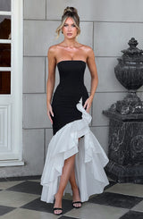 Elegantes ärmelloses Maxikleid mit Schnürdetail & Schlitz – Abendkleid – Weiß Schwarz