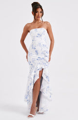 Vasileia - Schulterfreies Maxikleid – Blau