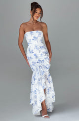 Elegantes ärmelloses Maxikleid mit Schnürdetail & Schlitz – Abendkleid – Blau geblümt