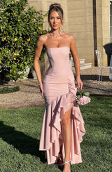 Elegantes ärmelloses Maxikleid mit Schnürdetail & Schlitz – Abendkleid – Rosa