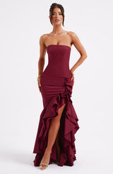 Vasileia - Schulterfreies Maxikleid – Burgunderrot