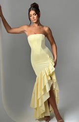 Elegantes ärmelloses Maxikleid mit Schnürdetail & Schlitz – Abendkleid – Zitrone