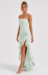 Elegantes ärmelloses Maxikleid mit Schnürdetail & Schlitz – Abendkleid – Salbei