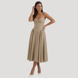 Annelie | Damen Korsett Midi Kleid mit Herzausschnitt – Hellbraun