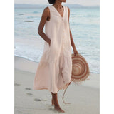 Annelie | Damen Ärmelloses Midikleid V-Ausschnitt Knopfleiste – Beige