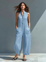 Anneliese | Damen Ärmelloser Jumpsuit mit Knopfverschluss – Hellblau