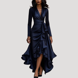 Anneliese | Damen Wickelkleid Langarm Volant Maxikleid – Marineblau